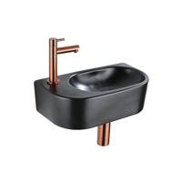 QeramiQ Fuente Fonteinset - 40x21.5x12cm - links - glad - halfrond - 1 kraangat - keramiek - fonteinkraan geborsteld koper - afvoerplug - verlaagd sifon - zwart mat SW1209556/SW799405/SW799403/SW970033 - thumbnail