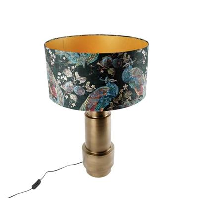 QAZQA Tafellamp brons velours kap pauw groen met goud 50 cm - Bruut