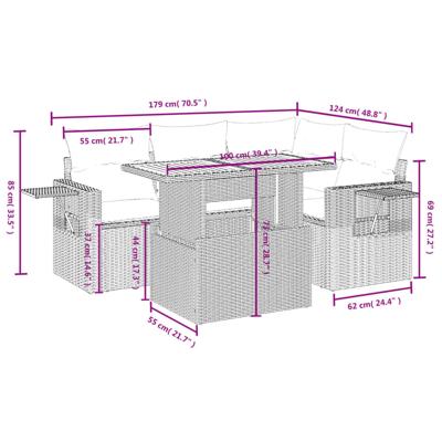 5-delige Loungeset met kussens poly rattan grijs