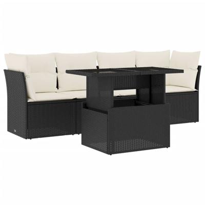 5-delige Loungeset met kussens poly rattan zwart - thumbnail