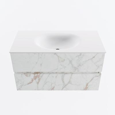 MONDIAZ VICA 90cm badmeubel onderkast Carrara 2 lades. Wastafel MOON midden zonder kraangat, kleur Talc.