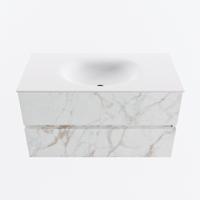 MONDIAZ VICA 90cm badmeubel onderkast Carrara 2 lades. Wastafel MOON midden zonder kraangat, kleur Talc. - thumbnail
