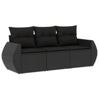 3-delige Loungeset met kussens poly rattan zwart - thumbnail