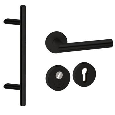 Hardbrass Voordeurset rond 3-delig met greep schuin SKG3 met kerntrekbeveiliging - zwart