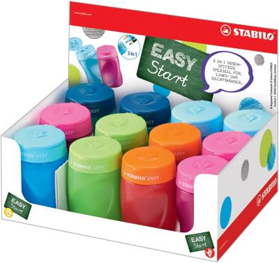 Puntenslijper STABILO Easy 4500 3 in 1 assorti in rechts- en linkshandig en in kleur | 12 stuks