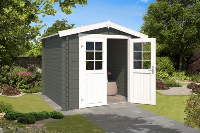 Outdoor Life Ingo Blokhut 250x250 cm 28 mm vuren Coating Green-Grey-Wit gecoat- Zadeldak- - Outdoor Life