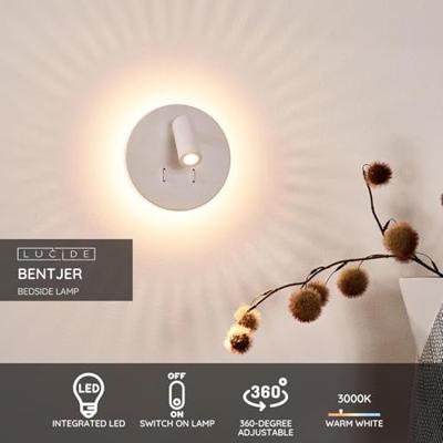 Lucide BENTJER - Bedlamp / Wandlamp - Ø 14 cm - LED - 3000K - Wit Lucide BENTJER - Bedlamp / Wandlamp - Ø 14 cm - LED - 3000K - Wit
