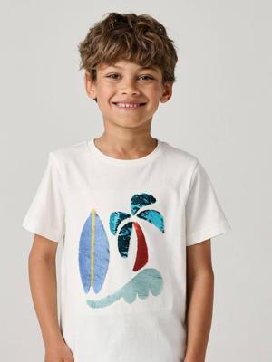Jongensshirt met motief in omkeerbare pailletten Basics ecru