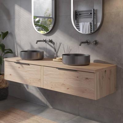 Saqu Lima badmeubel incl. afdekblad 160x51x32cm naturel eiken - geborsteld zwarte greep
