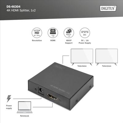 Digitus DS-46304 2 poorten HDMI-splitter 3D-weergave mogelijk, Met metalen behuizing 4096 x 2160 Pixel Zwart Digitus DS-46304 2 poorten HDMI-splitter 3D-weergave mogelijk, Met metalen behuizing 4096 x 2160 Pixel Zwart