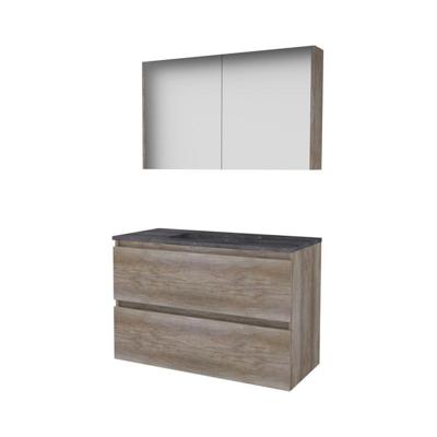 Basic-Line Comfort 46 Badkamermeubelset - 100 x 46 cm - Greeploos - 2 Lades - Hardstenen Wastafel - 1 Kraangat - Spiegelkast - Scotch Oak