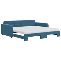 Slaapbank onderschuifbed en matrassen 100x200 cm fluweel blauw - thumbnail