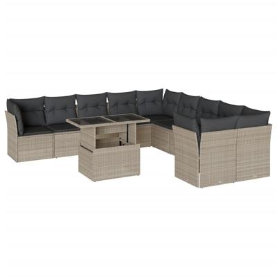 11-delige Loungeset met kussens poly rattan lichtgrijs