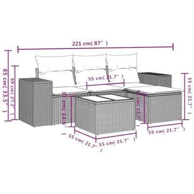 5-delige Loungeset met kussens poly rattan lichtgrijs