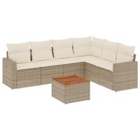 7-delige Loungeset met kussens poly rattan beige - thumbnail
