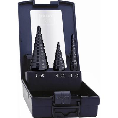 Exact 50071-2 HSS Getrapteboorset 3-delig 4 - 12 mm, 4 - 20 mm, 6 - 30 mm TiAIN 3 vlakken schacht 1 set(s) Exact 50071-2 HSS Getrapteboorset 3-delig 4 - 12 mm, 4 - 20 mm, 6 - 30 mm TiAIN 3 vlakken schacht 1 set(s)