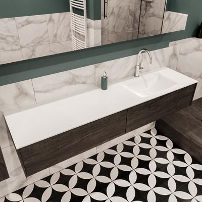 Mondiaz Lush Cloud badmeubel eiken Dark brown 180 cm 2 lades solid surface enkele spoelbak rechts 1 kraangat