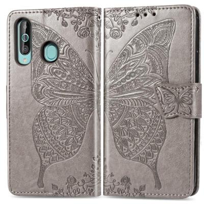 Butterfly Love bloemen reliëf horizontale Flip lederen case voor Galaxy A60 met houder & kaartsleuven & portemonnee & Lanyard (grijs)