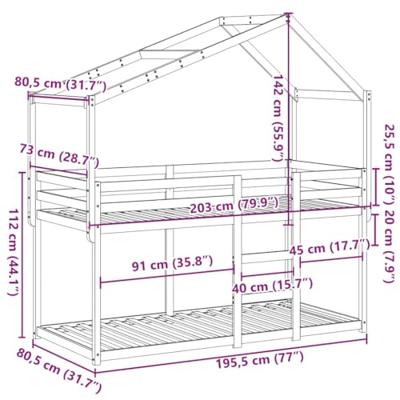 Stapelbed 75x190 cm met dak massief grenenhout