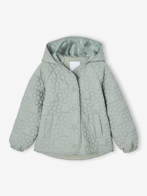 Donsjack met capuchon, lichtgewicht, met bloemen voor meisjes groengrijs