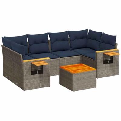 7-delige Loungeset met kussens poly rattan grijs