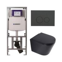 QeramiQ Dely Toiletset - 36.3x51.7cm - diepspoel - rimless - Geberit UP320 inbouwreservoir - softclose toilet zitting 35 mm - bedieningsplaat mat antraciet - ronde knoppen - mat zwart SW1026253/SW1000769/0701131/SW1102376 - thumbnail