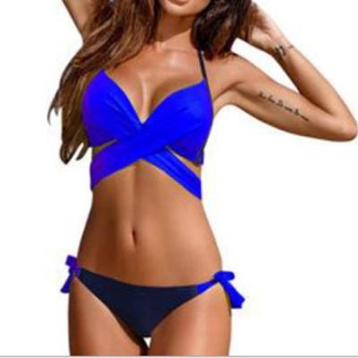 Dames Kruis patchwork badmode blote rug Split bikini maat: XL (Royal Blue)
