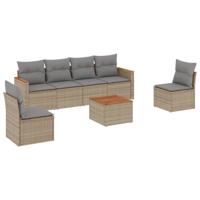 7-delige Loungeset met kussens poly rattan gemengd beige - thumbnail