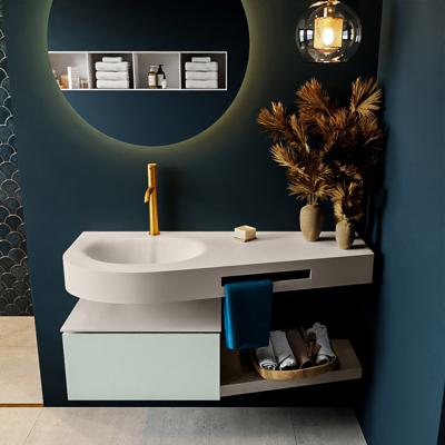 MONDIAZ RIVA 120cm badmeubel onderkast / planchet kleur Greey met 1 lade. Wastafel DULCET links 1 kraangat kleur Linen.