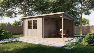 Tuindeco Dora blokhut 300x300 cm + overkapping 200 cm 28 mm vuren honing geïmpregneerd
