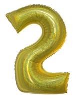 Folieballon Holografisch Goud Cijfer &apos;2&apos; - 102cm - thumbnail
