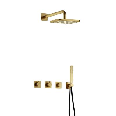 Hotbath Gal - Inbouw Regendoucheset - Geborsteld Messing PVD - 2 Stopkranen - Thermostatisch - Wandarm 35 cm - Hoofddouche 220 mm - Staafhanddouche - V02