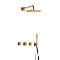 Hotbath Gal - Inbouw Regendoucheset - Geborsteld Messing PVD - 2 Stopkranen - Thermostatisch - Wandarm 35 cm - Hoofddouche 220 mm - Staafhanddouche - V02 - thumbnail