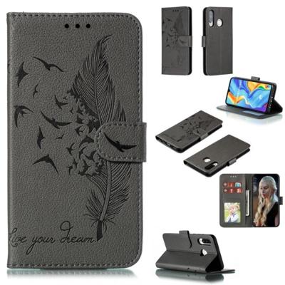 Feather patroon Litchi textuur horizontale Flip lederen draagtas met portemonnee & houder & kaartsleuven voor Huawei P30 Lite (grijs)