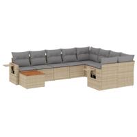 10-delige Loungeset met kussens poly rattan gemengd beige - thumbnail