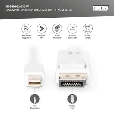 Digitus AK-340102-030-W DisplayPort-kabel Mini-displayport / DisplayPort Adapterkabel Mini DisplayPort-stekker, DisplayPort-stekker 3.00 m Wit