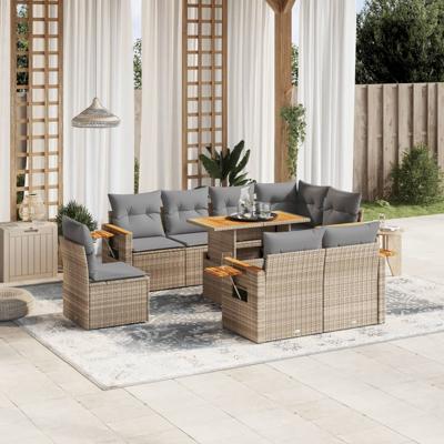 9-delige Loungeset met kussens poly rattan acacia beige