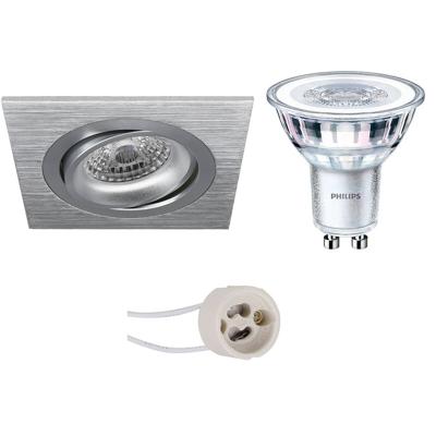LED Spot Set - Pragmi Borny Pro - GU10 Fitting - Inbouw Vierkant - Mat Zilver - Kantelbaar - 92mm - Philips - CorePro 840 36D - 4W - Natuurlijk Wit 4000K - Dimbaar