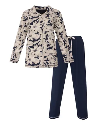 Medaillion dames pyjama - Doorknoop knoopsluiting - Blue flower