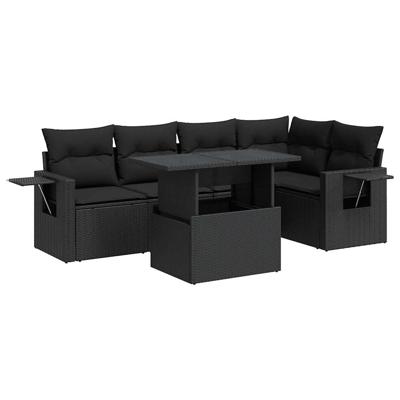 6-delige Loungeset met kussens poly rattan zwart