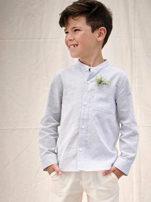 Gestreept jongenshemd met maokraag groen, gestreept Gestreept jongenshemd met maokraag groen, gestreept