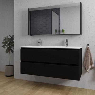 Saniclass Chaci Badkamermeubelset - 120x46x55cm - keramische wastafel wit - 2 wasbakken - 2 kraangaten - 2 lades - spiegelkast - mat zwart SW1212777/SW1212818/SW812071/SW804533