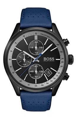 Boss heren chronograaf Grand Prix blauw geperforeerd lederen bandhorloge 44 mm Boss heren chronograaf Grand Prix blauw geperforeerd lederen bandhorloge 44 mm