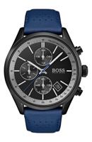 Boss heren chronograaf Grand Prix blauw geperforeerd lederen bandhorloge 44 mm - thumbnail