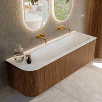 Mondiaz KURVE-DLUX 145 cm Onderkast Greeploos 1 Lade Met Deuren Walnut, Wastafel Solid Surface Rechts Opalo 0 Kraangaten Zonder Spiegel (KRVBGL145L1L1D0KR-Wal/Opa) - thumbnail
