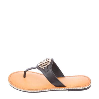Tommy Hilfiger Essential Leather Flat Sandal leren teenslippers zwart Tommy Hilfiger Essential Leather Flat Sandal leren teenslippers zwart