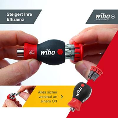 Wiha 380104 Schroevendraaier met bitmagazijn magnetisch sleufkop, Pozidriv met 6 bits, Stubby, 1/4" - 33764
