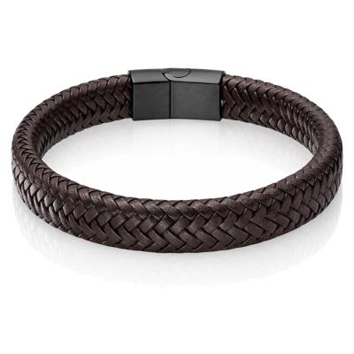 Gevlochten Leren Armband Heren Edelstaal Sluiting Bruin Zwart-22cm