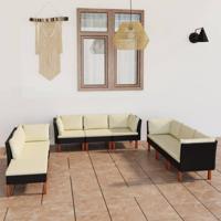 9-delige Loungeset met kussens poly rattan zwart - thumbnail