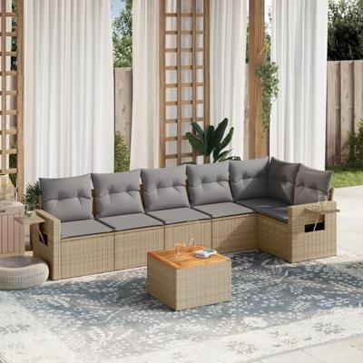 7-delige Loungeset met kussens poly rattan beige